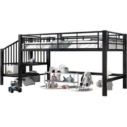 OKWISH Hochbett 90x200 mit Stauraumtreppe – Platzsparendes Design und stabile Metallrahmen für zimmer in Schwarz