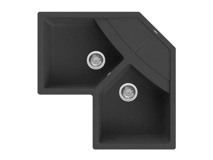 Elleci Eckspüle 2 Becken mit zentraler Abtropffläche 83 x 83 cm Schwarz Granit Verbundwerkstoff
