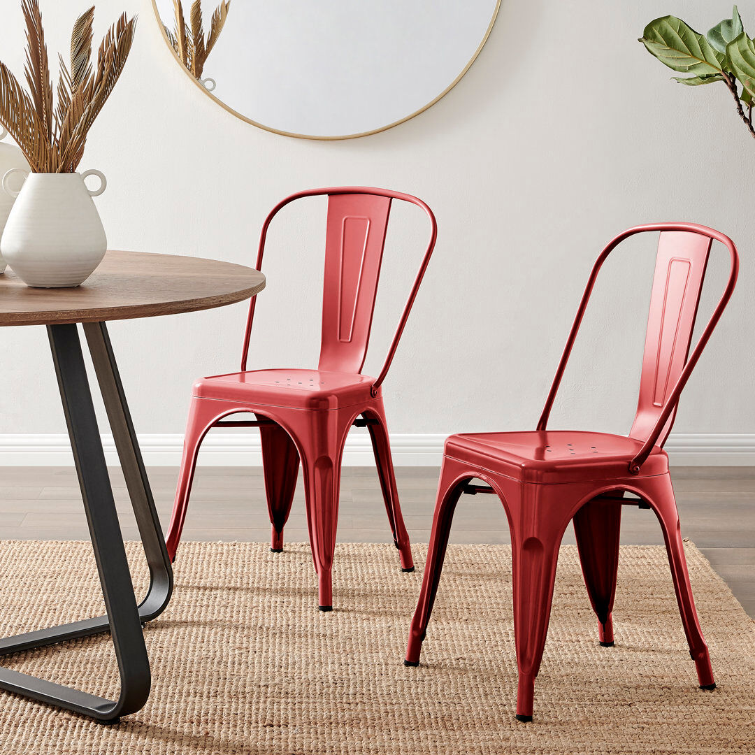 Borough Wharf Honora Classic Industrial Metal Dining Chair - Style Bold Colour Stackable Side Chair Red 84cm H X 45cm W X 51cm D