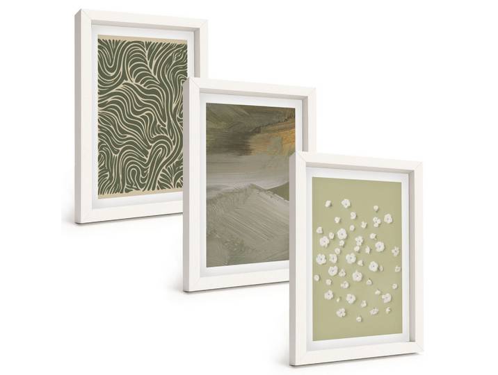 BILDER SET 3er Set - 20x30 cm Weißer Rahmen - Abstrakte florale Wellenmuster