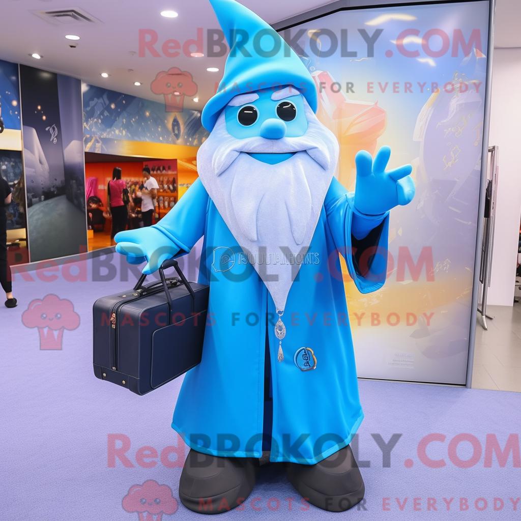 Maskottchen REDBROKOLY eines himmelblauen Zauberers mit Oberhemd und Aktentasche