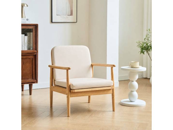 Fauteuil de salon en bois massif et tissu beige