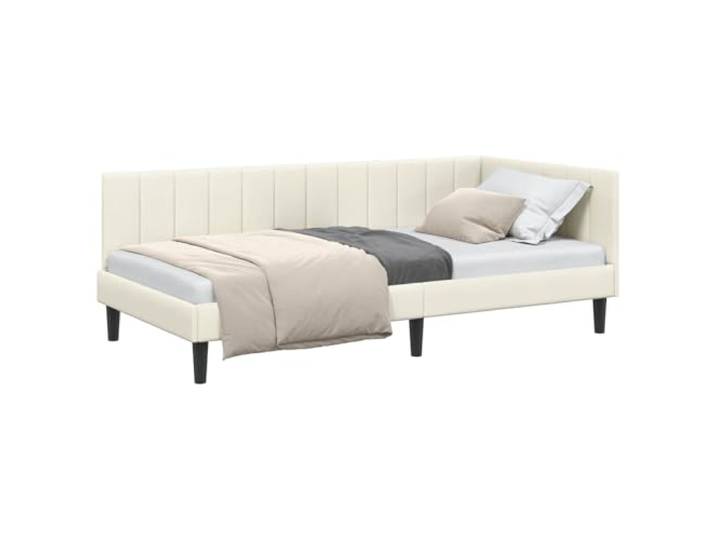 PUGYNBK Eckbettgestell in Creme, 90 x 200 cm, Samt Fester Lattenrost, verstellbares Kopfteil, Höhe 31 cm, ideal für kleine Räume