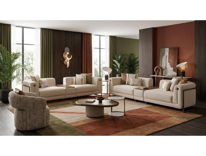 Xlmoebel Polstergarnitur Beiges Sofa Set mit Sessel und Couchtisch für modernes Wohnen, (5-tlg), Made in Europa