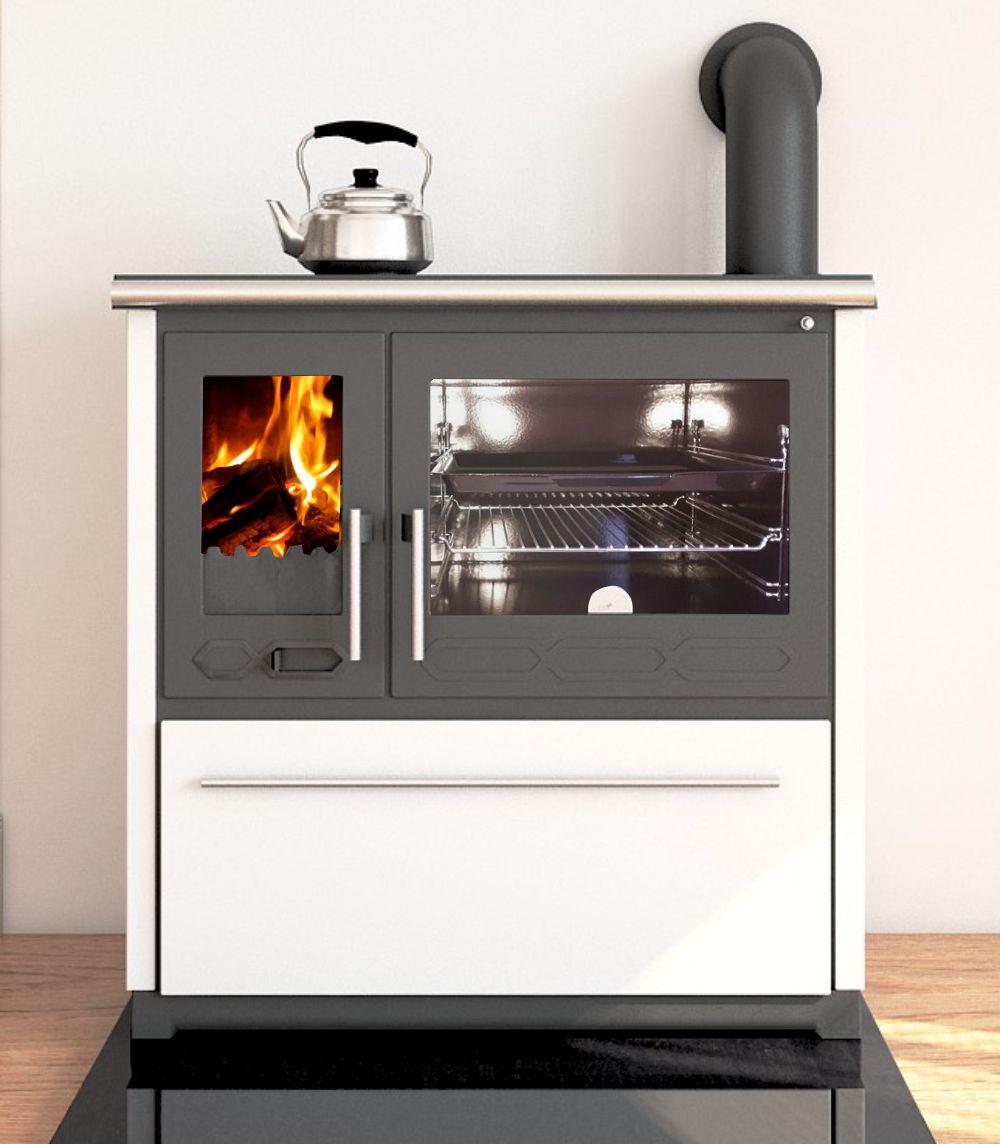 Küchenofen Holzherd Plamen 850 weiß, rechte Version - 8 kW Dauerbrandherd