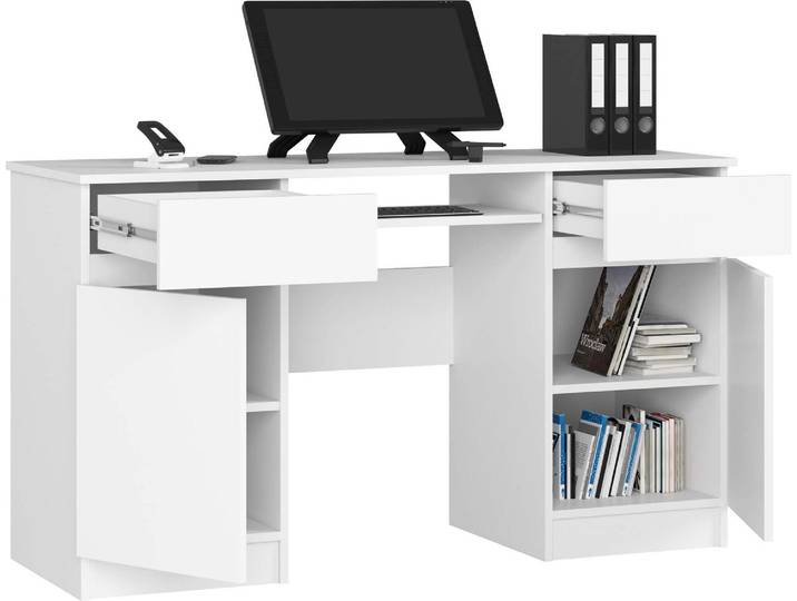 Schreibtisch 135cm mit 2 Türen 2 Schubladen Computertisch Tastaturauszug 5 Fächer