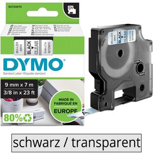 Dymo Schriftband 40910, D1, S0720670, Breite 9 mm, Länge 7m, permanent, UV-beständig, schwarz auf transparent