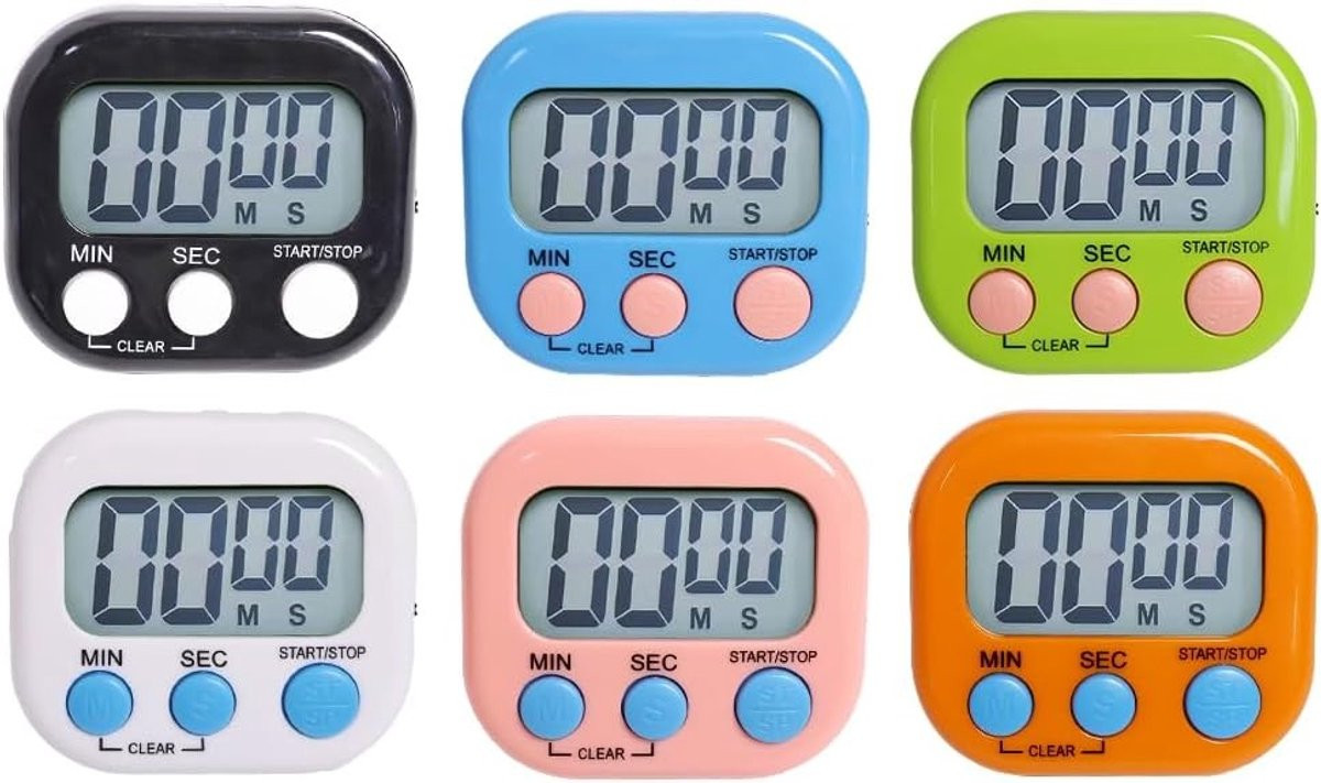 6-delige digitale eierwekker met alarmklok en stopwatch in 6 kleuren, magnetische keukentimer voor koken, bakken en studeren