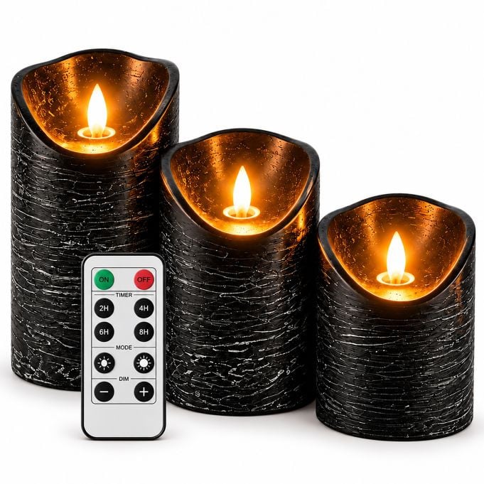 Relaxdays LED-kaarsen set van 3 met flakkerlicht en afstandsbediening, zwart