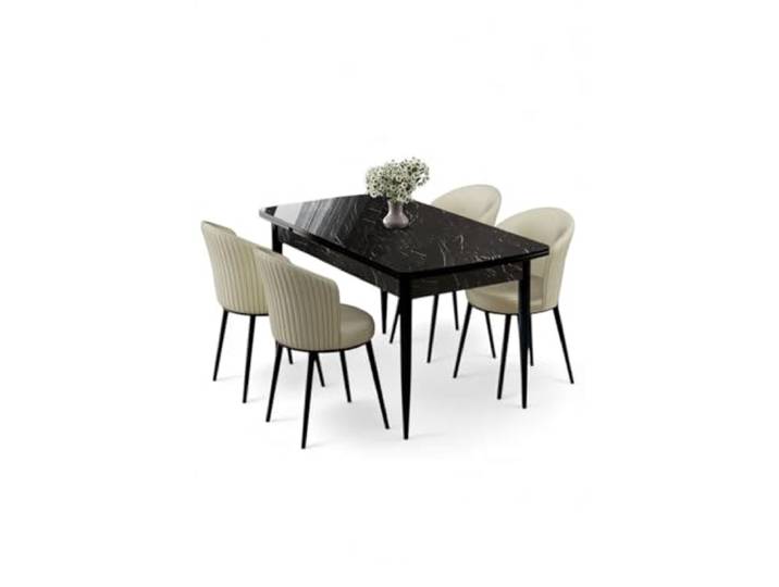 Hanah Home Extendable Dining Table & Chairs Set (5 Pieces), Black Marble & Cream, 130-174 cm 100% MDF, Metal Legs, Modern Design for Stylish Dining