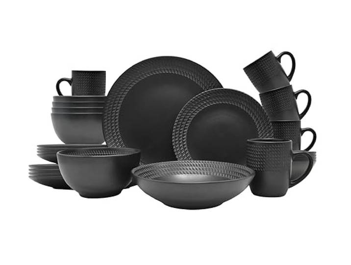 ECHTWERK 30-teiliges Vintage Kombiservice BlackStyle Modern-Design, für 6 Personen, Geschirrset aus Steingut mit 6 x Speiseteller, 6 x Beilagenteller, 6 x Schüssel, 6 x Teetassen, 6 x Suppenteller