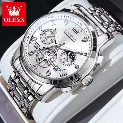 Inspired Finds OLEVS Luxury Chronograph Moon Phase Watch Multifunction Quartz Waterproof Business Wristwatch For Men silver White