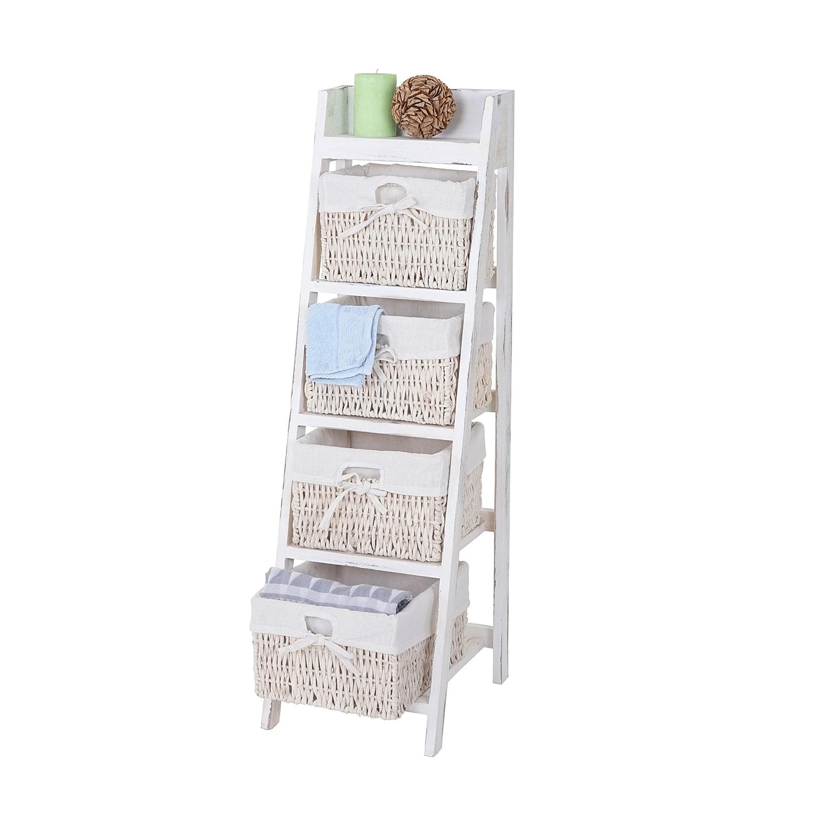 Leiterregal Franca, Regal Standregal mit 4 Korbschubladen 101x30cm, Shabby-Look, Vintage, weiß