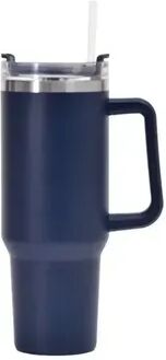 Combo Retail Shop Insulated Tumbler With Handle And Straw, Double Wall Thermal Iced Travel Mug, Car And Outdoor Use navy Blue