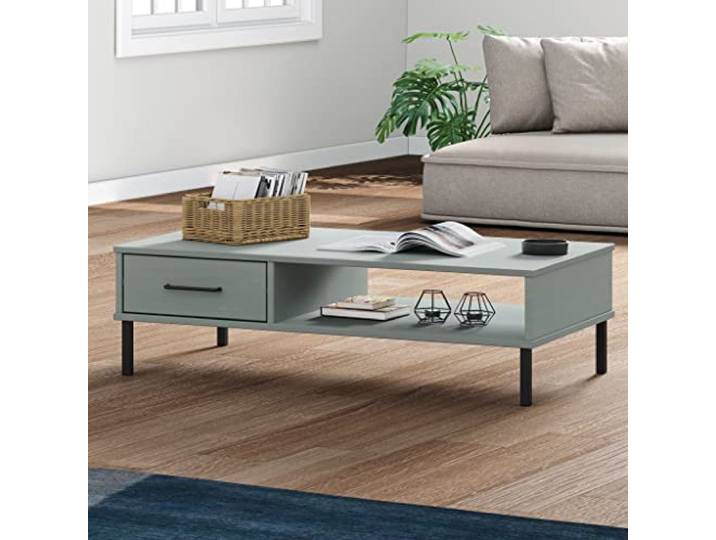 HEFZGDB Couchtisch Oslo mit Metallbeinen Grau Massivholz Kiefer offenes Fach Schublade Stauraum langlebig robust
