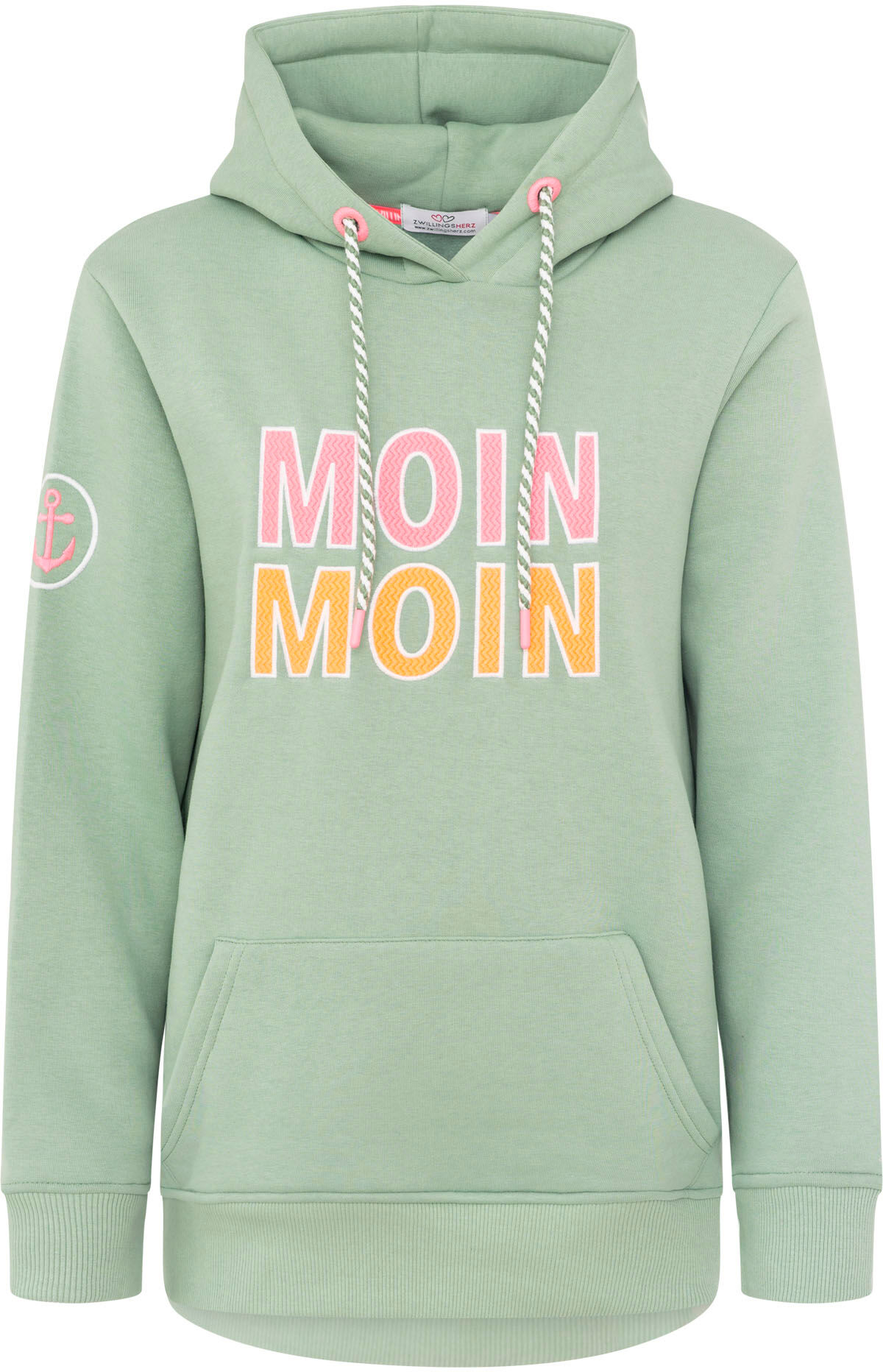 Hoodie ZWILLINGSHERZ "Moin Moin", Damen, Gr. M, grün (hellgrün), Sweatware, Obermaterial: 50% Baumwolle, 50% Polyester, Sweatshirts Hoodie, auffälliges Front Logo, Anker am Arm, Kapuze mit Kordel, Kängurutasche hellgrün M