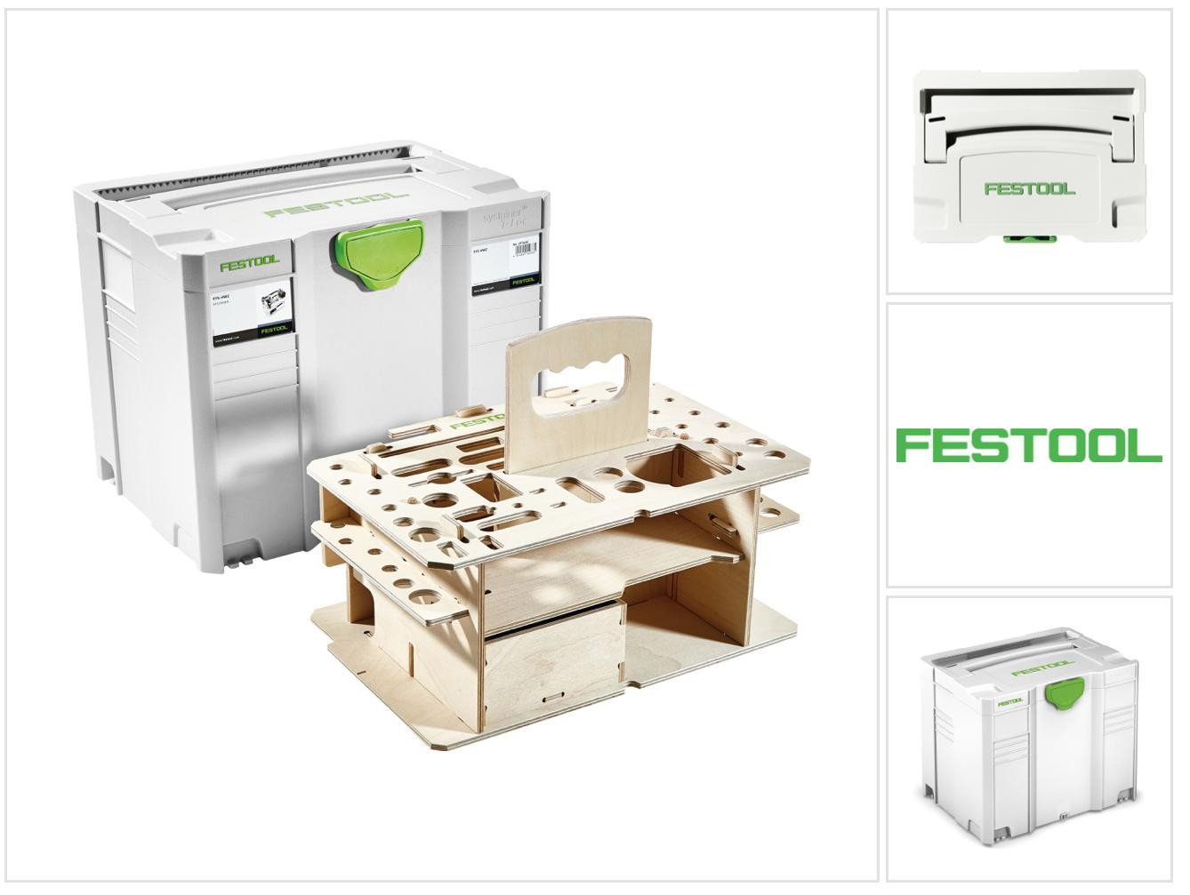 Festool SYSTAINER SYS 4 T-LOC SYS-HWZ gereedschapskoffer lichtgrijs koppelbaar met houten inzetstuk