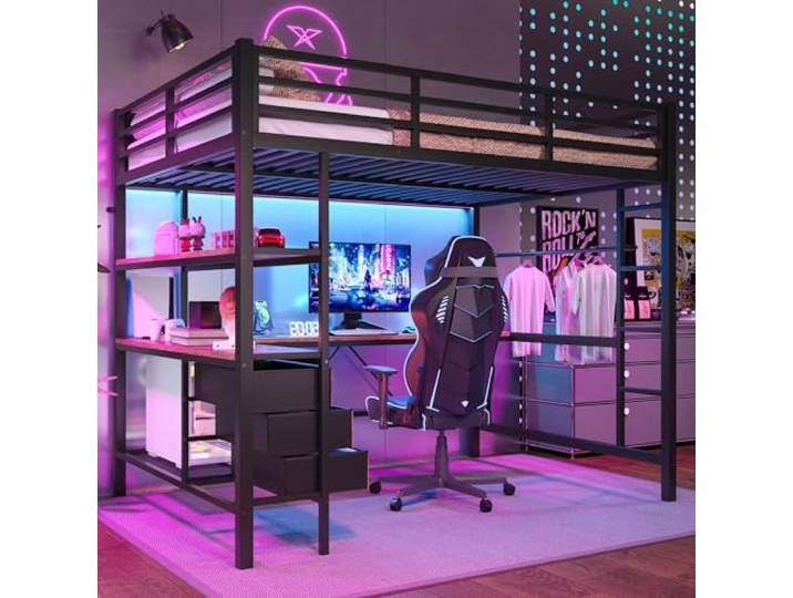 Arhatreya Hochbett 140x200 cm, Kinderbett mit Schreibtisch und LED Ohne Matratze, Metallbett mit Steckdose+USB, Einzelbett für Kinder Jugendliche Schlafzimmer Schwarz