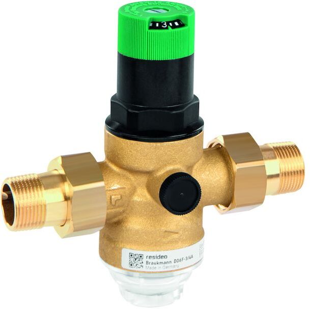 Honeywell Druckminderer D06F-1A R 1, Außengewindetülle, Siebtasse klar, Messing, mit Einstellanzeige