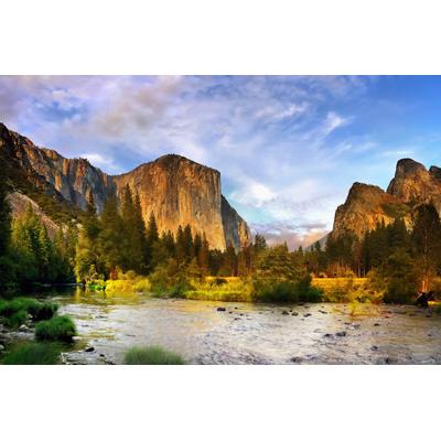 Fototapete PAPERMOON "YOSEMITE TAL-GEBIRGE BLUME BERGE SONNE WALD FLUSS FELSE", bunt, B:4m L:2,6m, Vlies, Tapeten