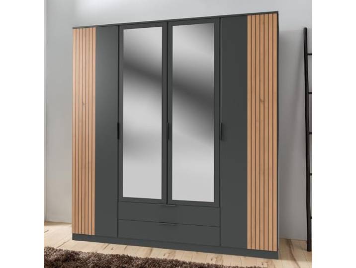 Kleiderschrank Drehtürenschrank 180cm mit Spiegeltüren, graphit mit Eiche