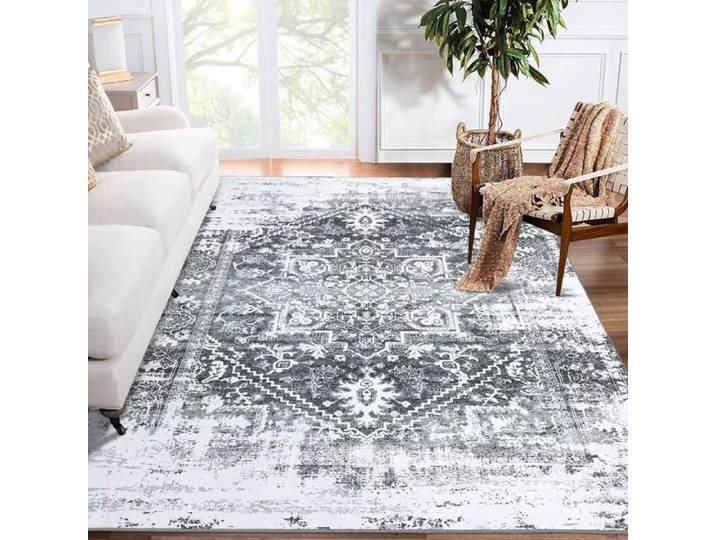 Tapis oriental gris 160×230cm sans peluche entretien facile zone fort trafic salon chambre