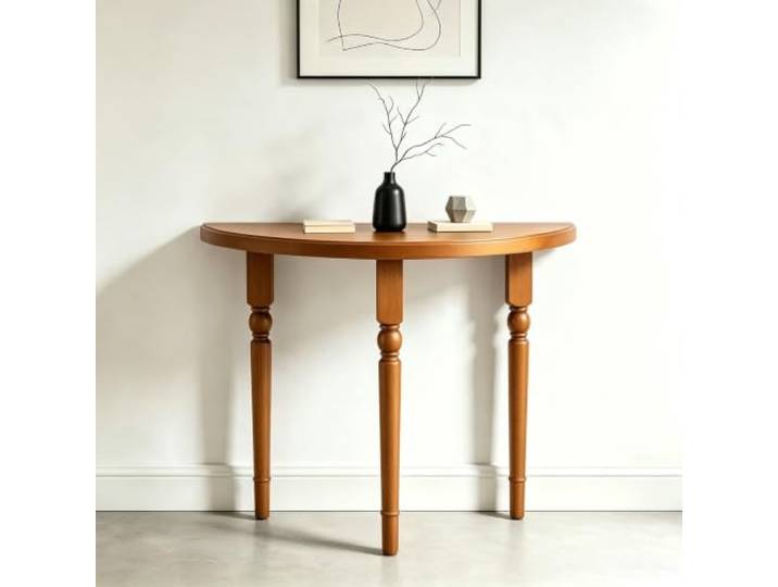Schwarzer Konsolentisch aus Massivholz, halbmondförmiger Eingangstisch Massivholz-Struktur, Platzsparendes Halbmond-Design, Stabile Dreiecksbeine, Flurmöbel(Light Walnut,31.5' (80cm))