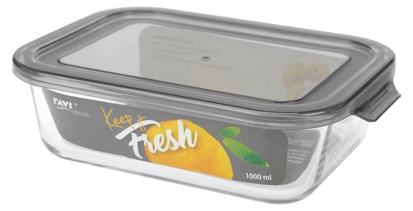 Ravi Keep It Fresh hittebestendige rechthoekige glazen bewaardoos met deksel, 1000 ml, grijs