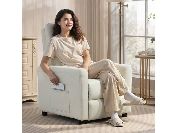 Fauteuil relax inclinable 145° avec poche latérale - YEAVIO - tissu polyester blanc crème