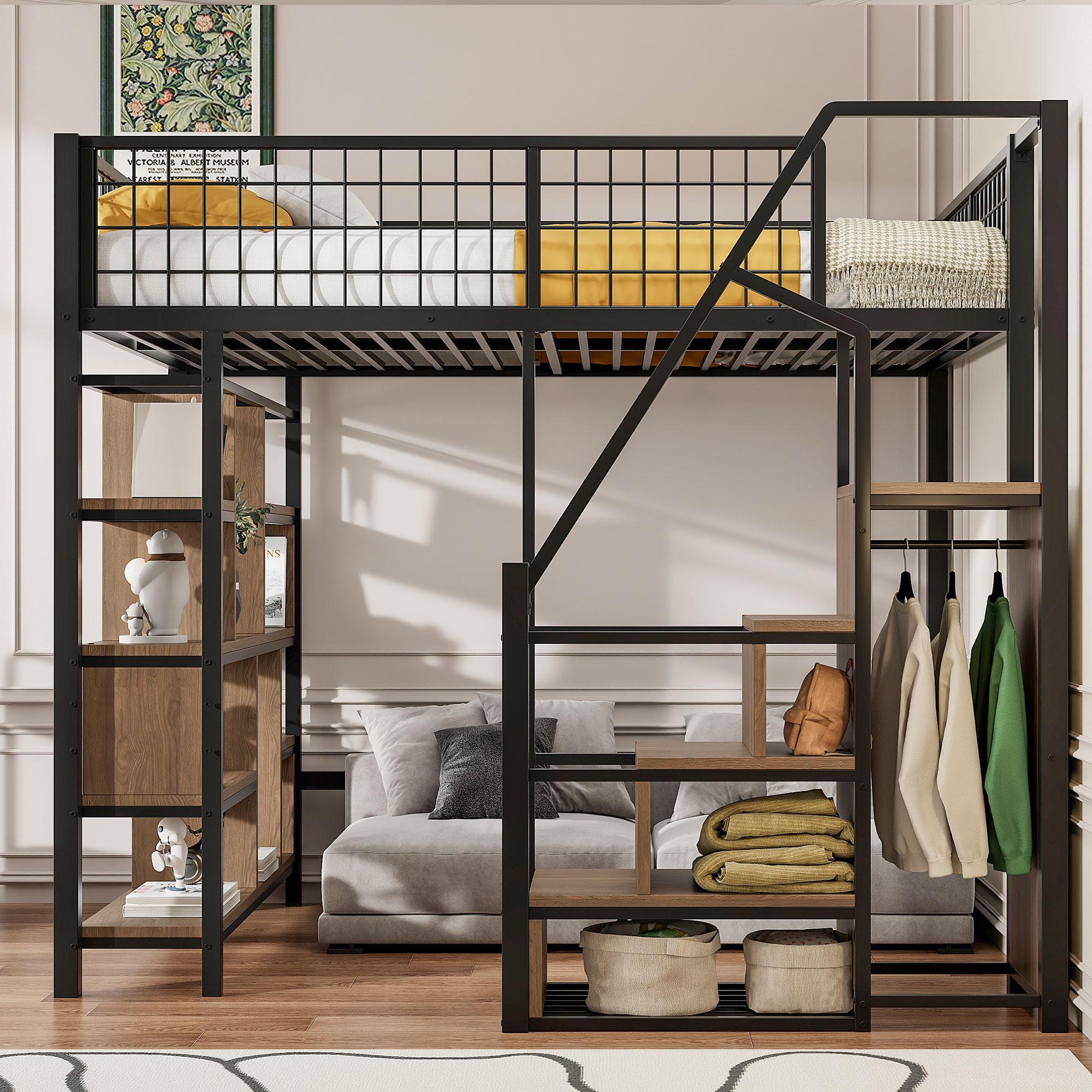 Merax Etagenbett Hochbett 140x200, Kinderbett mit Treppe und Stauraum, Platzsparendes Metallbett mit offenem Bereich für Arbeitsplatz/Leseecke,Schwraz
