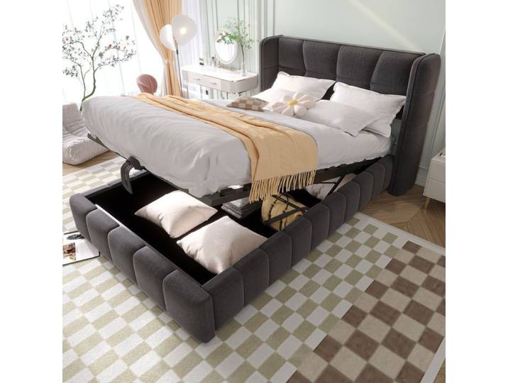 Norevia Lit coffre 90x200 cm Gris lit simple enfant/ado capitonné en lin