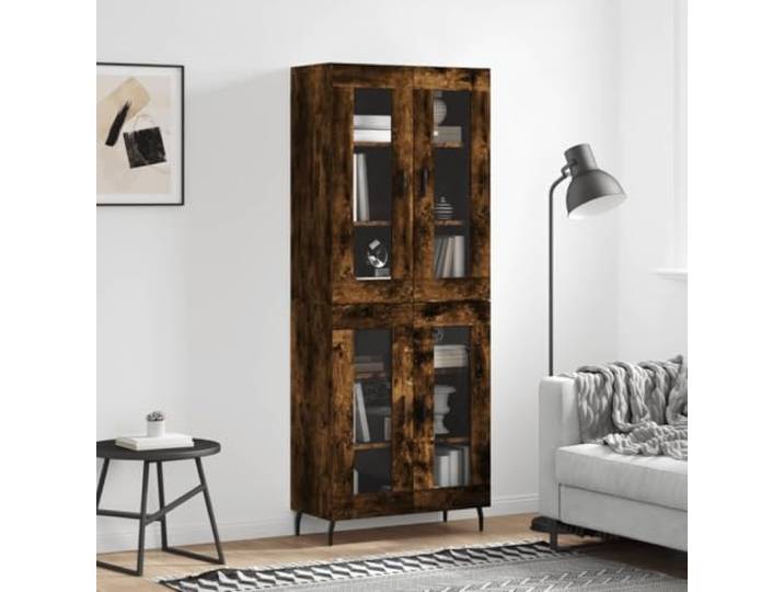 Elegantes Highboard Räuchereiche mit Wandhalterung - Stilvolles Highboard mit viel Stauraum - mit Türen zur Aufbewahrung aus Holzwerkstoff mit Metallfüßen fürs Wohnzimmer