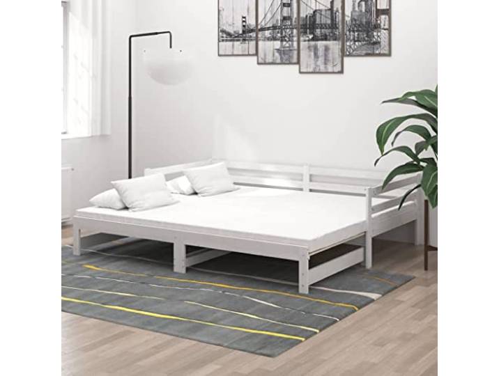 Massives Kiefernholz Tagesbett Gästebett Schlafsofa 2x 90x200 cm Weiß Ausziehbares Tagesbett 2x(90x200) cm Weiß Massivholz Kiefer Gästebett Schlafsofa mit 2 Matratzen