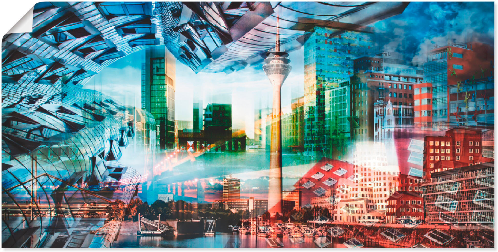 Poster ARTLAND "Düsseldorf Skyline Collage VII", blau (farbe bild(er): blau), B:100cm H:50cm, Bilder, Poster, ohne Rahmen farbe bild(er): blau B/H/T: 100cm x 50cm, Poster Architektonische Elemente Querformat, 1 Stk.