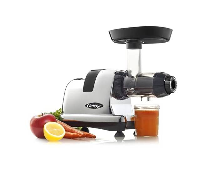 Omega Juicer J8006HDC Langsam Masticating Kaltpresse Gemüse- und Obstsaft Extraktor und Ernährungssystem, 3-stufig, 200 Watt, Chrom, Chrome