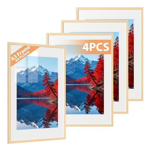 Alyvisun Set van 4 A3 Fotolijsten in Houttint, Horizontaal & Verticaal Wandbevestiging