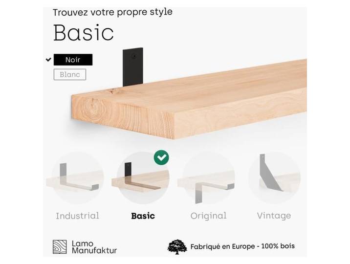 LAMO Manufaktur Étagère murale avec supports en L noirs Etagere 50 cm largeur Couleur: naturel Bord: droit