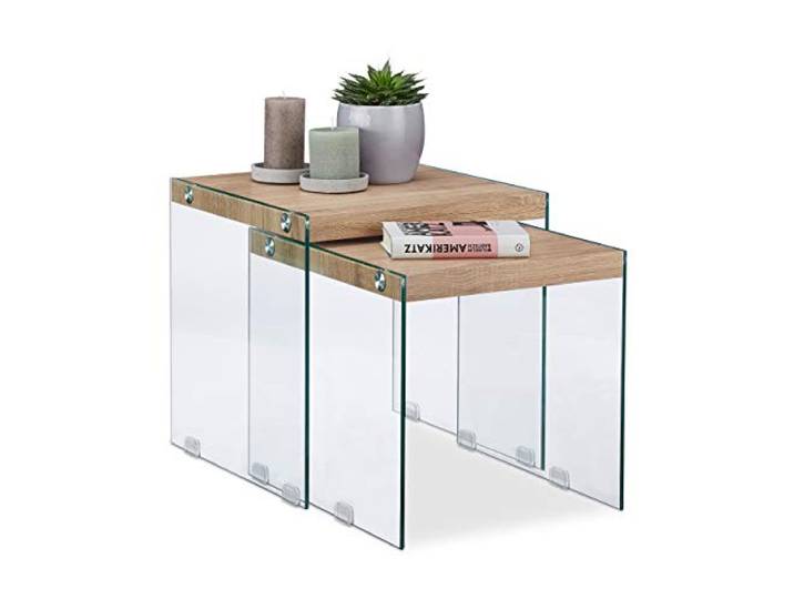 Relaxdays Satztisch 2er Set, Massive Tischplatte, Natur