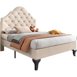 Merax Polsterbett 90*200 mit Lattenrost und Kopfteil, Polsterbett mit höhenverstellbares Kopfteil, Einzelbett, Samt, Beige