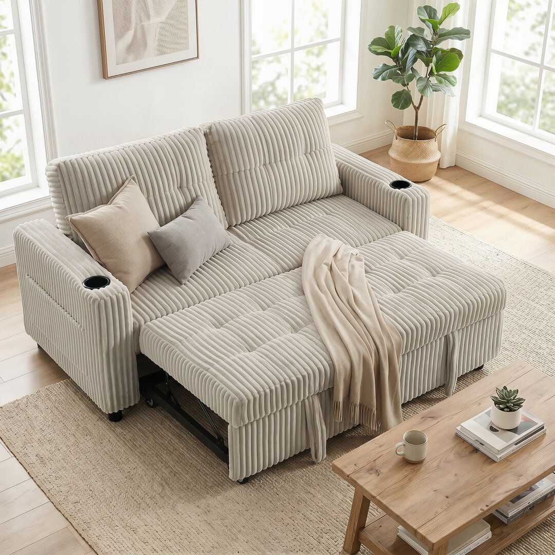 Rebrilliant HOMCOM Corduroy Click Clack Sleeper Sofa with Pull Out Design, Cream White Cream White 91cm H X 157cm W X 90cm D