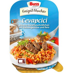 Buss Fertiggericht Freizeitmacher Cevapcici, Hackfleischröllchen, Balkangemüse und Reis, 300g