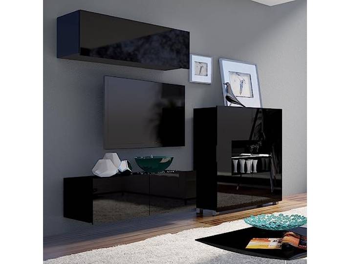Lomadox Wohnwand Anbauwand schwarz Hochglanz 3-teilig Modern, mit 1 TV-Lowboard, 1 Stauraumschrank, 1 Highboard
