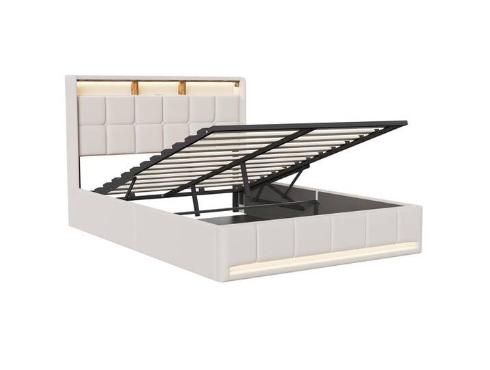 Shopentra Polsterbett 140x190cm Beige Leinen Pneumatik LED Usb, Metall, Schlafzimmer, Betten, Polsterbetten