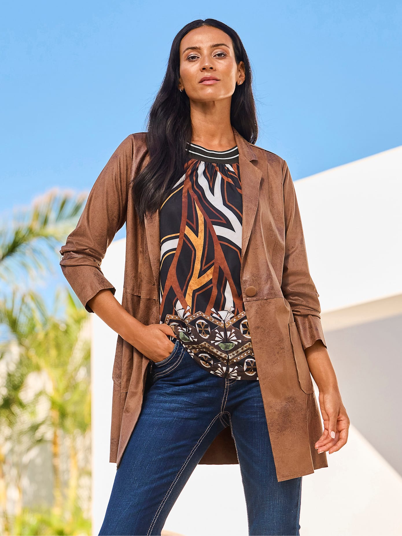 Longblazer HEINE "Blazerjacke", Damen, Gr. 40, cognac, 92% Polyester, 8% Elasthan, Blazer Longblazer cognac 40