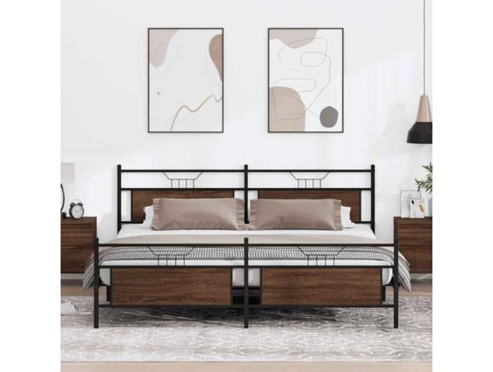 Stahlrahmen stabil belastbar Schlafzimmer Einrichtung Lattenrost inklusive Metallbett ohne Matratze 193x203 cm Braun Eichen-Optik mit Lattenrost Stahlgestell稳 Stauraum Bettgestell fuer Schlafzimmer