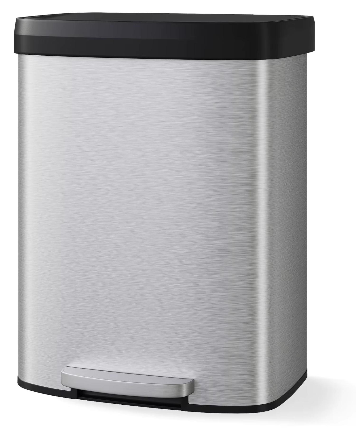 Küchenabfalleimer - Treteimer - 60 l - Edelstahl - Fußpedal - Soft-Close-Deckel - Fingerabdruckresistent - Silber