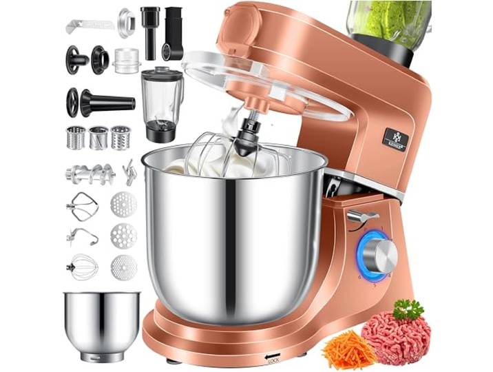 KESSER® Küchenmaschine 3in1 mit Fleischwolf & Mixer, 1500W Knetmaschine 5,5L Rührschüssel + Spritzschutz, 6 Geschwindigkeiten, Knethaken, Schneebesen, Rührhaken & Raspeln, Backen & Kochen, Kupfer