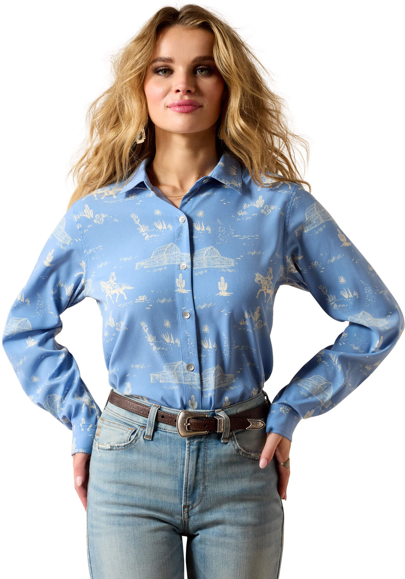 Women's Homestyle Shirt in Ashleigh Blue Ranchscape, Size: Medium by Ariat