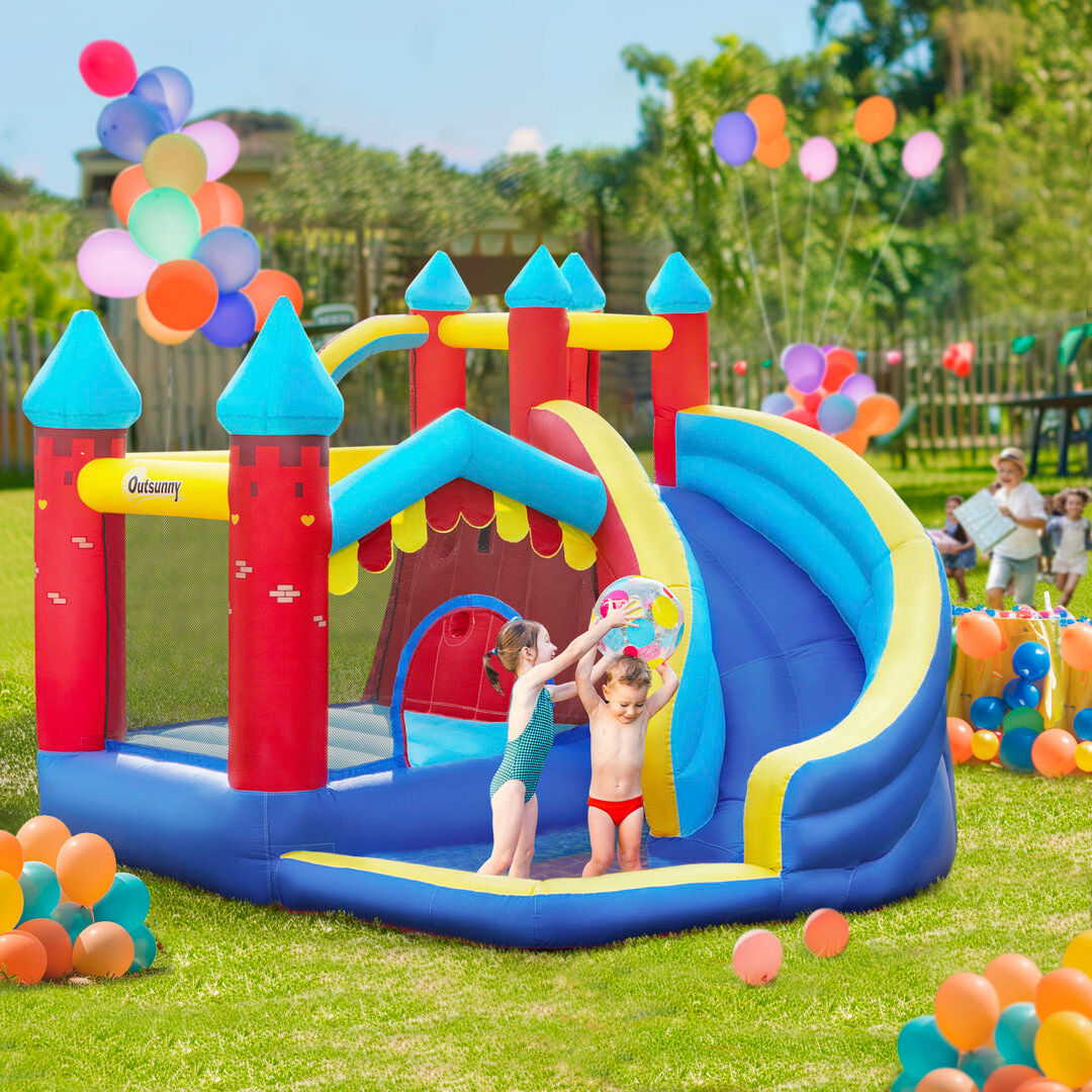 Outsunny Kids Bouncy Castle w/ Slide, Pool, Trampoline, Climbing Wall, Blower Blue;Red;Yellow 3