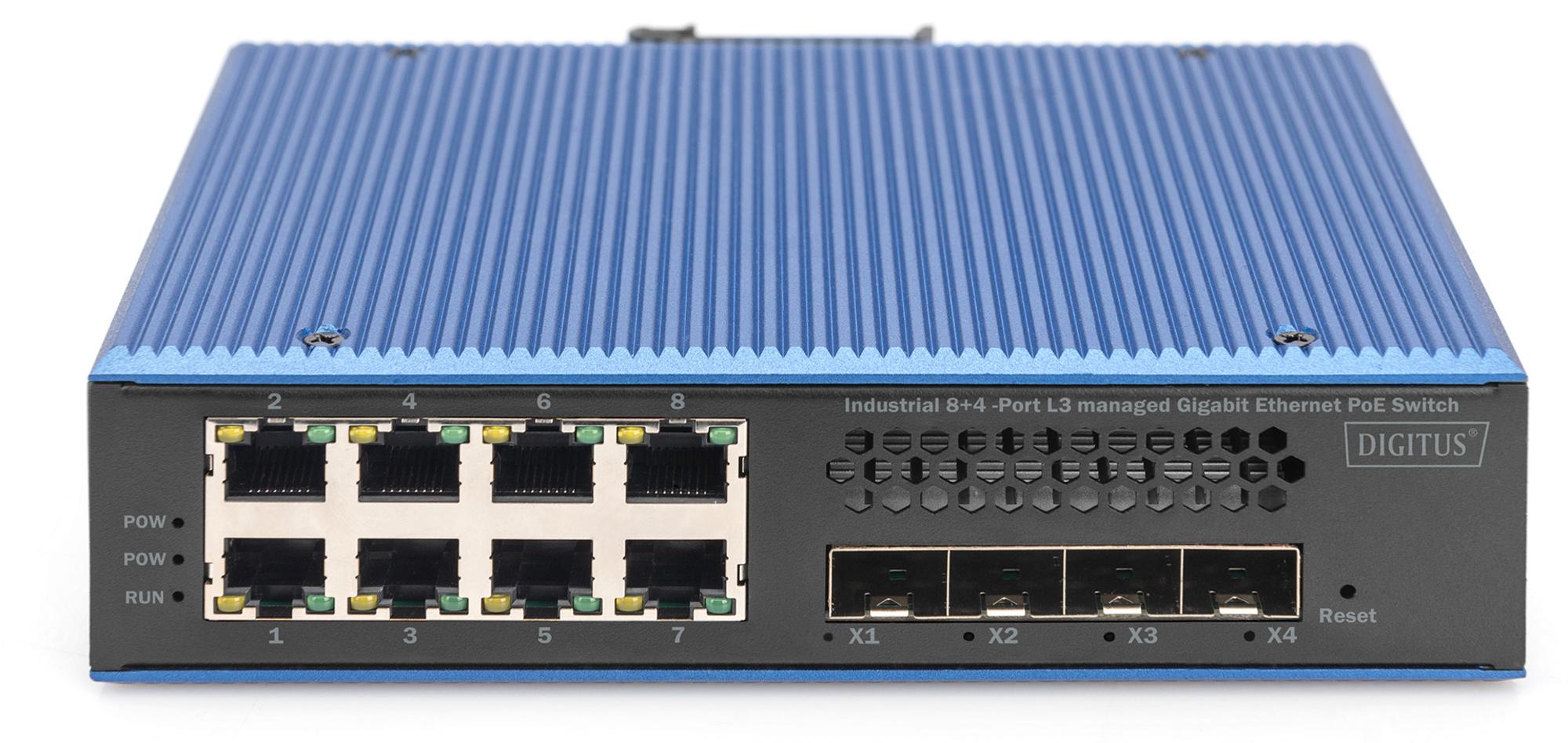 Digitus Industrieller 8+4 10G Uplink Port L3 managed Gigabit Ethernet PoE Switch, Managed, L2/L3, Gigabit Ethernet (10/100/1000), Vollduplex, Power over Ethernet (PoE)
